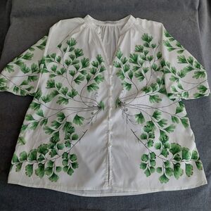 MISSLOOK White Button-Down Blouse with Green Fern Leaf Print - Size XL